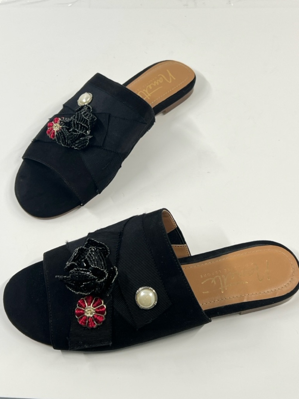 NANETTE LEPORE Women’s Size 7M Black Floral Beaded Pearl Slip On Sandal
